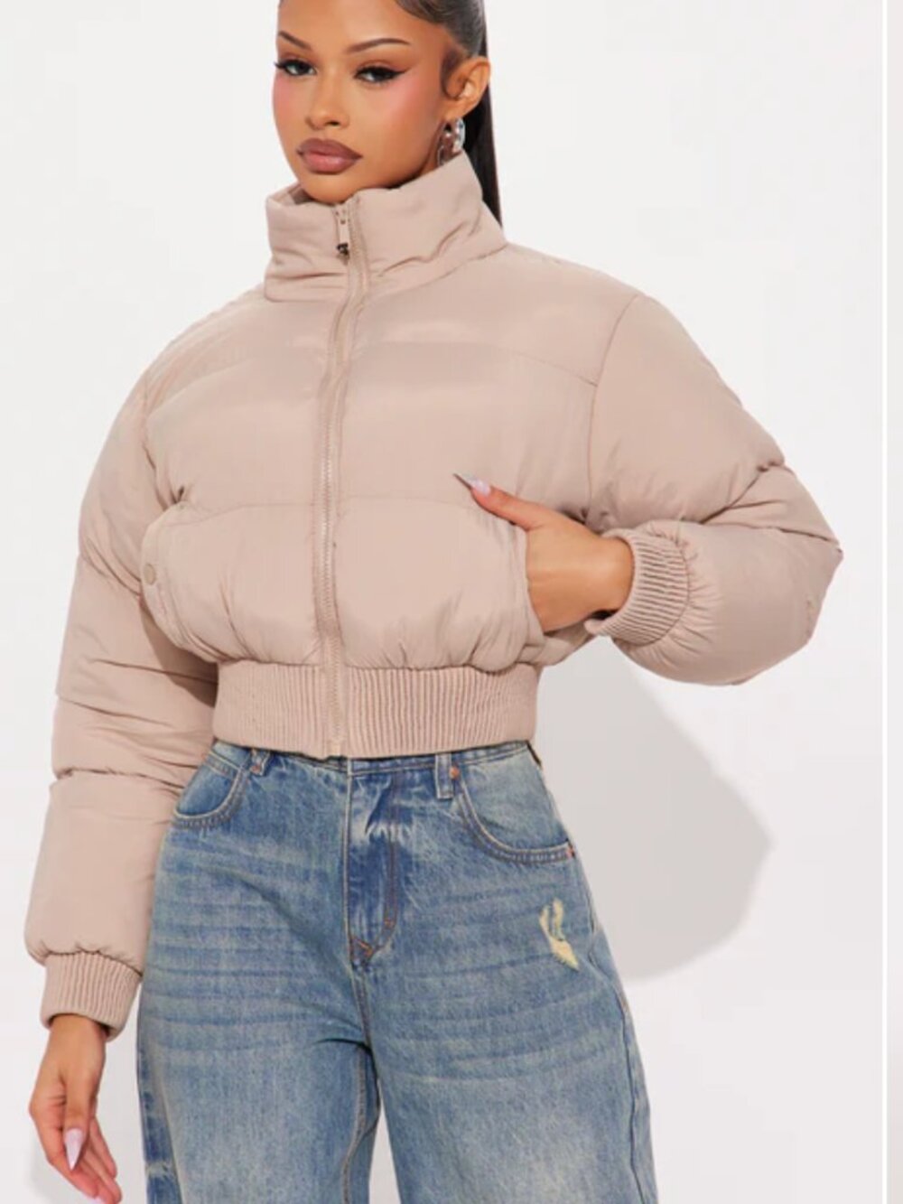 Fashion Nova Cropped Puffer Jacket - Taupe